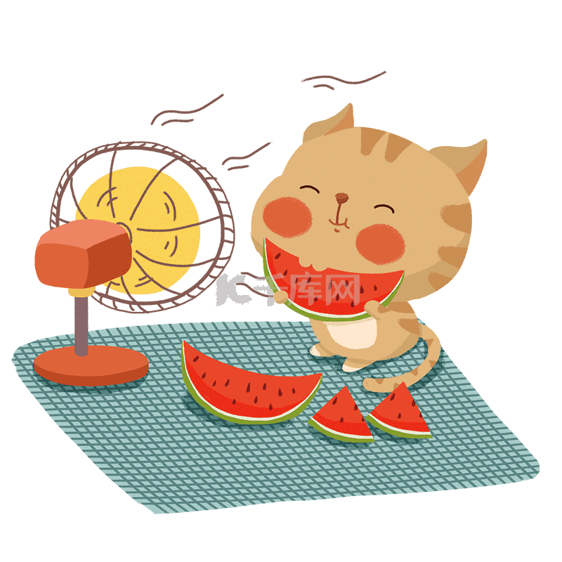 卡通夏天猫咪吃西瓜场景