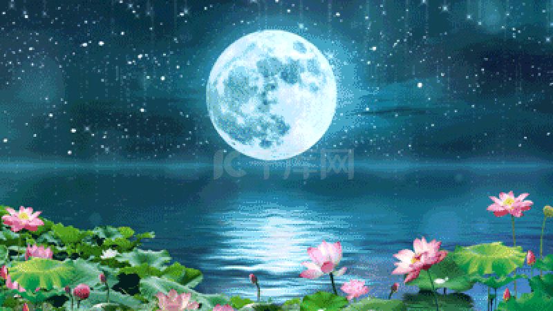 月亮与荷花的美景图片图片