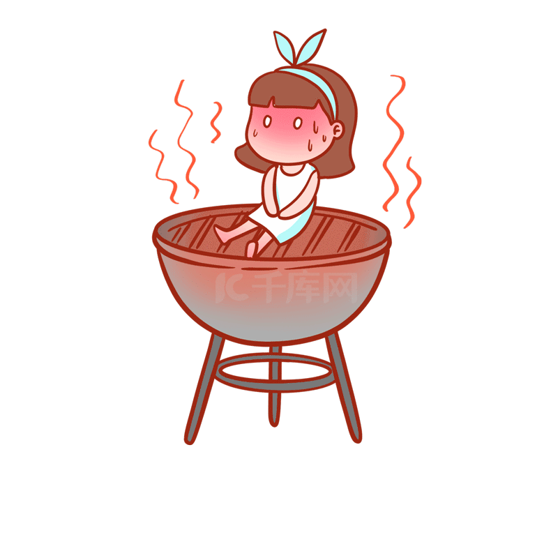 夏天夏季高温大暑搞笑蝴蝶结女孩坐在烤炉馒头流汗我和烤肉之间只差