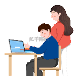 蓝色红色卡通陪孩子上网课的家长暑期班培训班学习教育上网