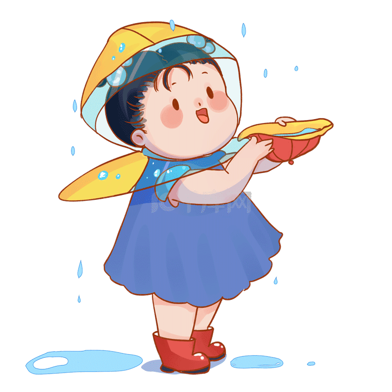 下雨天穿着雨衣的小女孩用帽子接住雨水