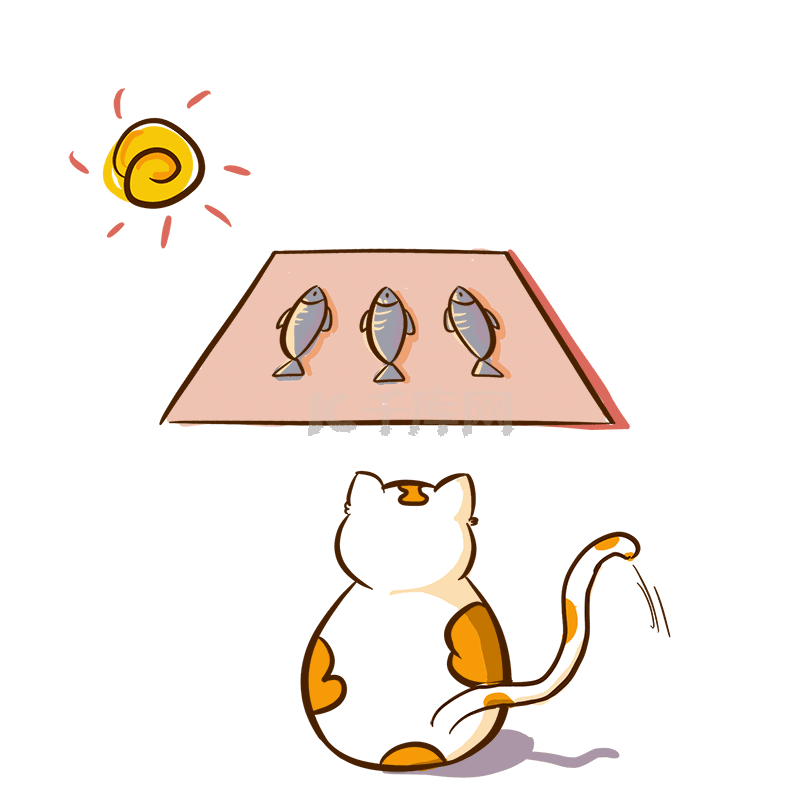 可爱宠物猫在阳光下晒鱼干喜欢