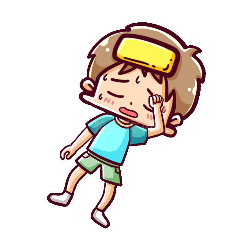夏天中暑生病发烧出汗男孩