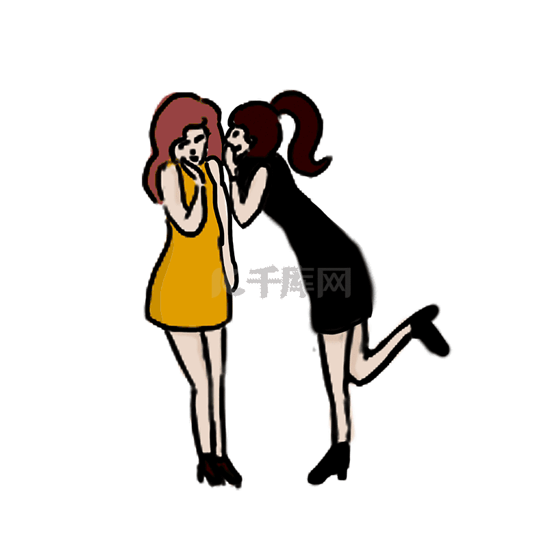 两个女子窃窃私语说话手绘插画