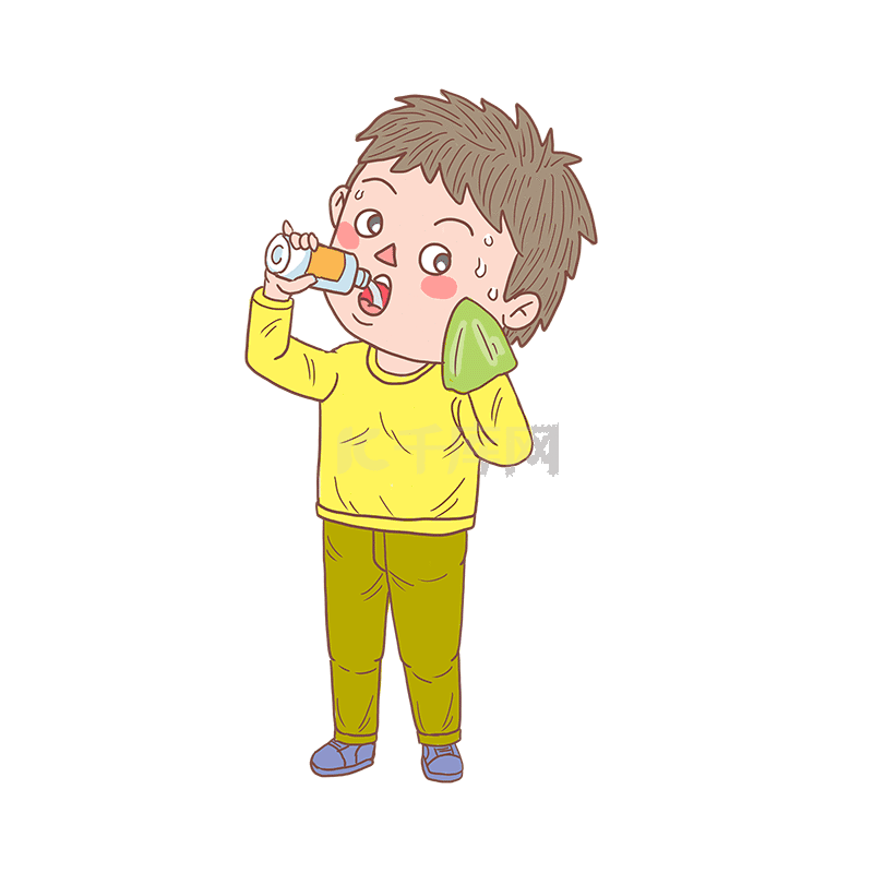卡通夏天人物喝水擦汗男孩