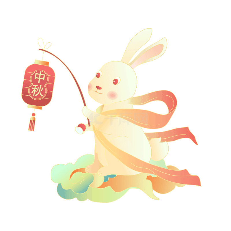 卡通中国潮秋节月兔提灯笼祥云元素