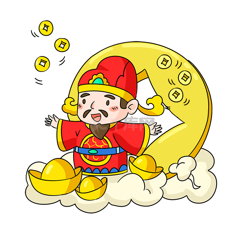 春节财神撒金币元宝动图gif年初五