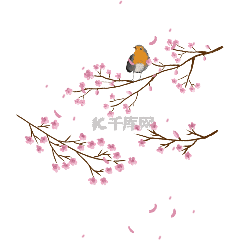 春天花瓣飘落小鸟枝头粉色花动图gif