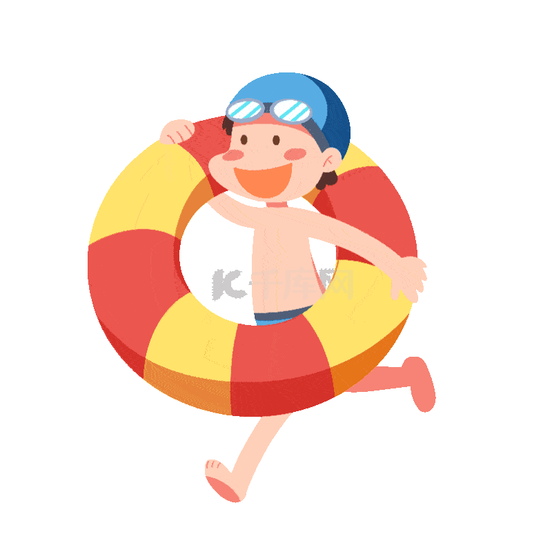 夏天游泳小男孩抱着游泳圈走路走卡通动图gif