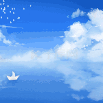 夏天大海天空云朵纸船漂浮鸟群飞过清新治愈插画蓝色视频背景动图gif
