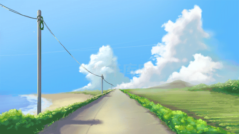 夏天蓝天白云草地乡间小路水面唯美治愈视频背景动图gif