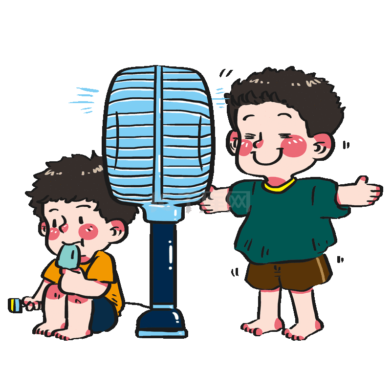 夏天高温炎热小孩吹风扇吃冰棍大暑三伏天动图gif
