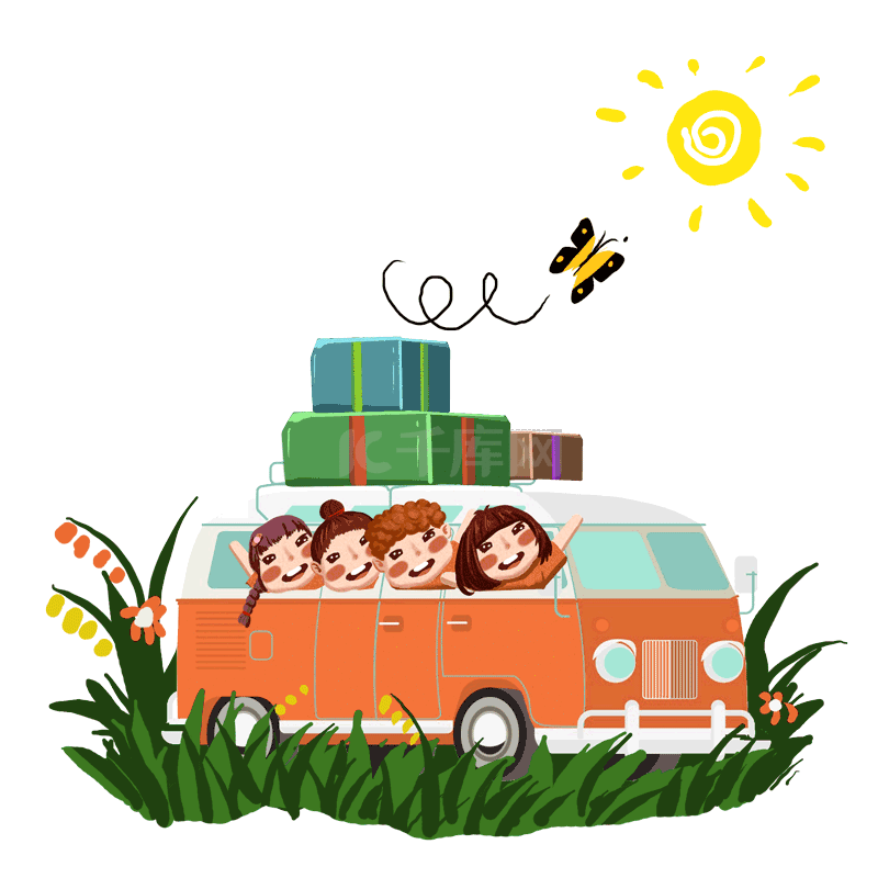 暑假夏令营度假旅行儿童学生坐着校车郊游玩耍草地动图gif