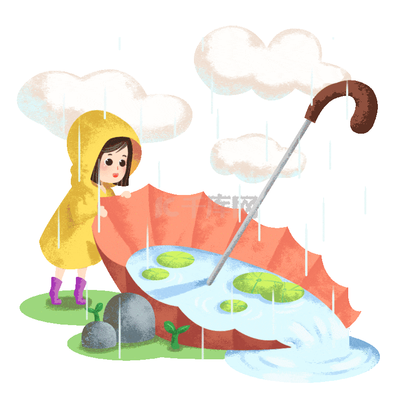 下雨天气红色雨伞女孩大雨动图gif