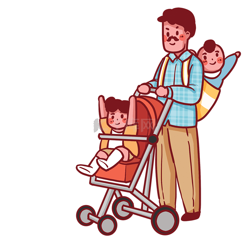 父亲节父亲爸爸推车推婴儿车走路孩子亲子互动二胎照顾带娃逛街动图gif