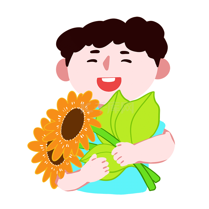 秋天立秋男孩开心抱着花拿向日葵动图gif