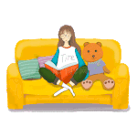 宅家沙发上女孩小熊玩偶看书动图gif
