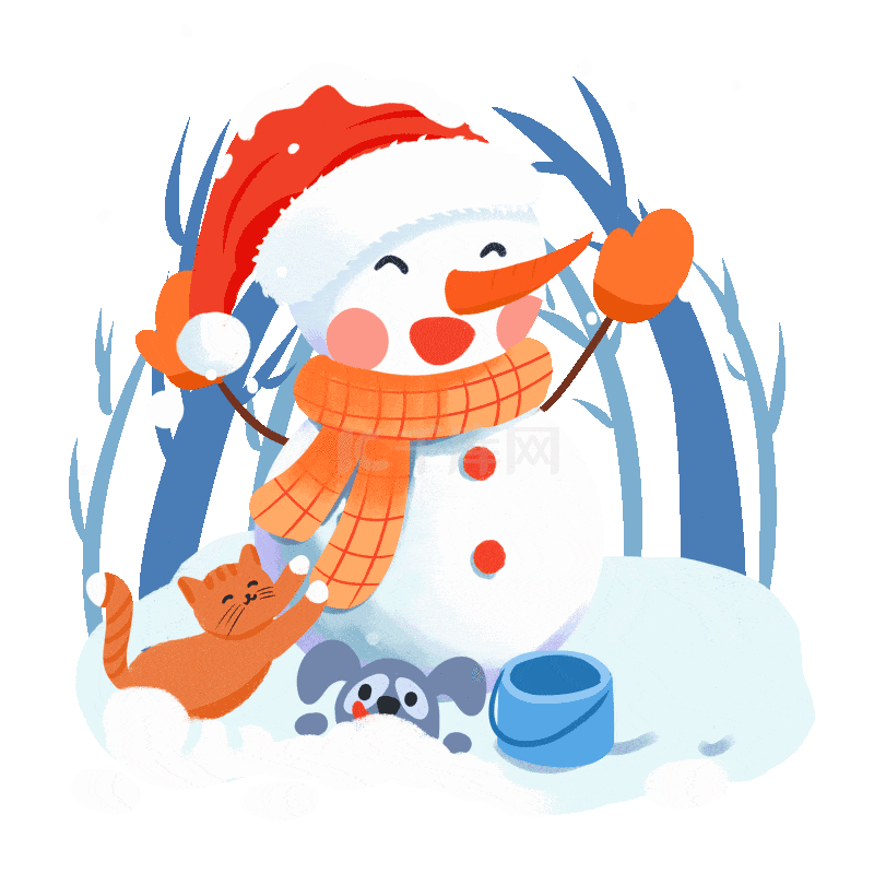 冬季冬日男孩和雪人卡通手绘