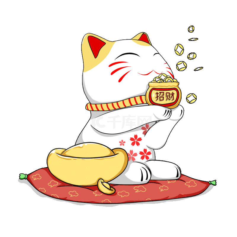 招财猫拿着招财钱袋铜钱漂浮元宝