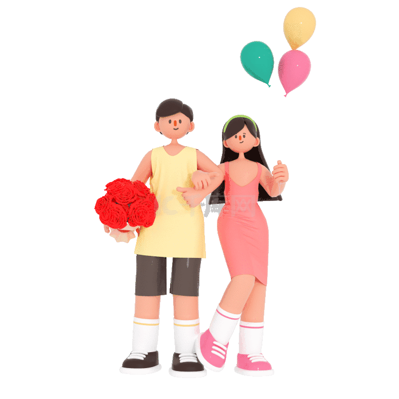 七夕情人节c4d立体3d人物情侣鲜花气球动图gif