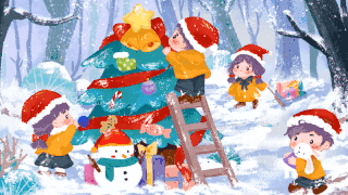 圣诞节平安夜森林雪地小孩布置圣诞树庆祝圣诞横版插画背景卡通动图gif