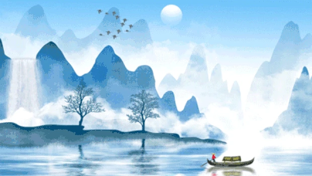 水墨中国风山水湖面渔船背景
