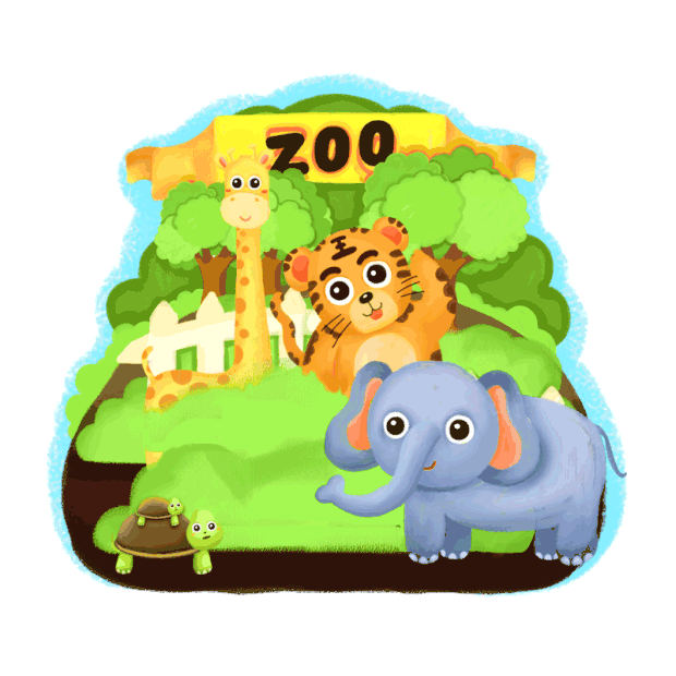 动物园游玩大象乌龟老虎长颈鹿树木卡通