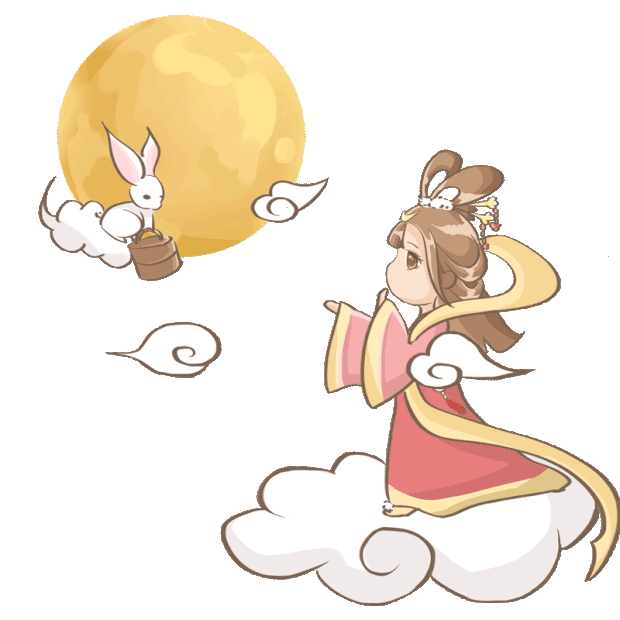 中秋节卡通手绘月亮圆月下玉兔提着月饼嫦娥