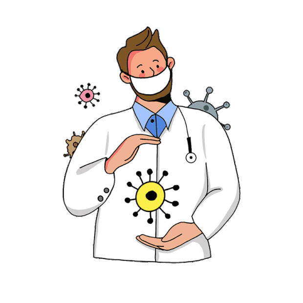 卡通医疗医生戴着口罩解释病毒防疫