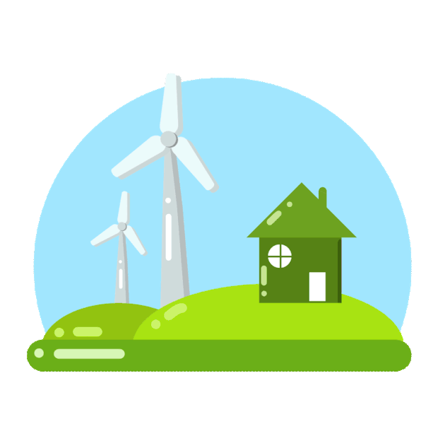 环保新能源风能蓝天树木房屋草地风车转动绿色gif图素材环境日