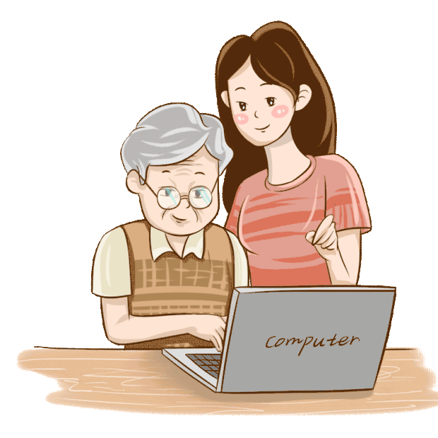老人使用电脑智能产品家庭指导母亲节父亲节感恩节卡通关爱老人gif图素材