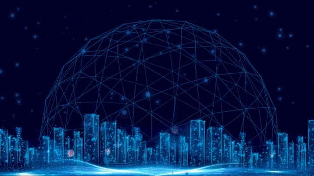 科技商务大气创新企业会议展板城市球体转动蓝色视频背景动图gif