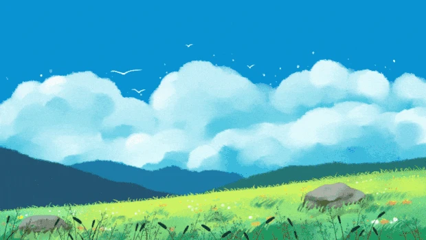 夏天立夏唯美治愈蓝天白云户外场景草地插画视频背景gif图素材