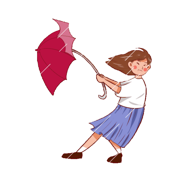 春天谷雨下雨雨水雨中少女暴风大风拿伞卡通gif图素材台风
