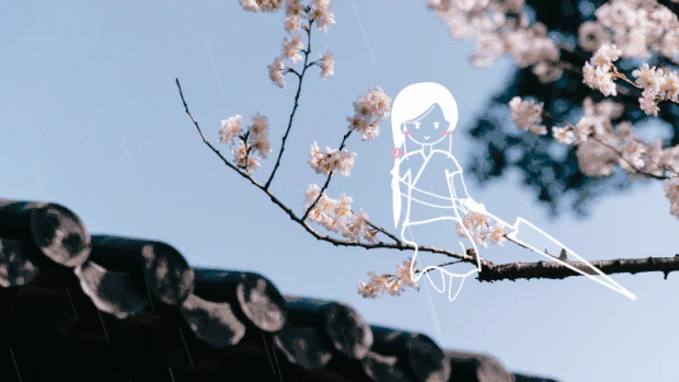 春天植物屋檐樱花雨天打伞小女孩摄影创意合成实景gif图素材