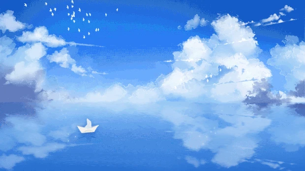 夏天大海天空云朵纸船漂浮鸟群飞过清新治愈插画蓝色视频背景gif图素材