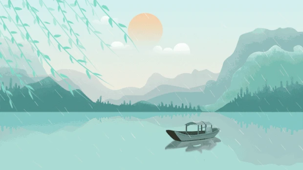 夏天山水小船漂浮唯美治愈插画绿色视频背景gif图素材