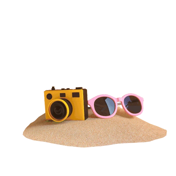 五一劳动节51度假旅游海滩旅行相机包沙滩3D立体gif图素材