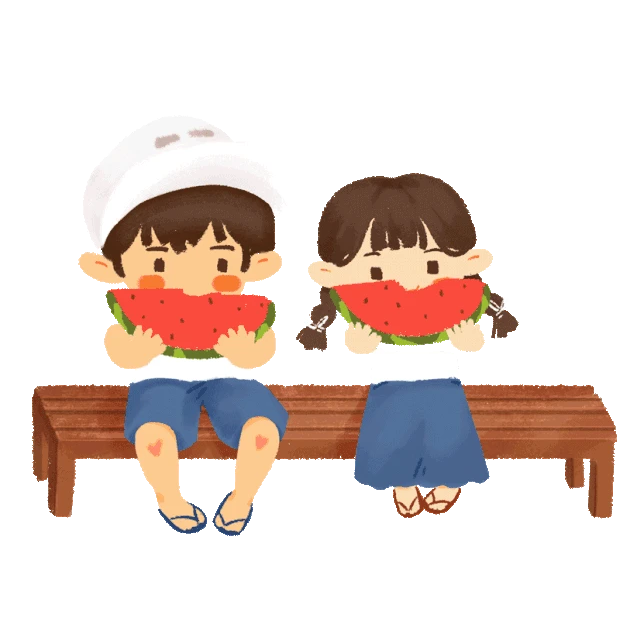 夏天儿童男孩女孩乘凉吃西瓜gif图素材