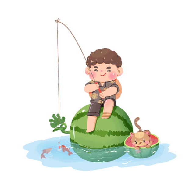 夏天男孩坐西瓜上钓鱼gif图素材