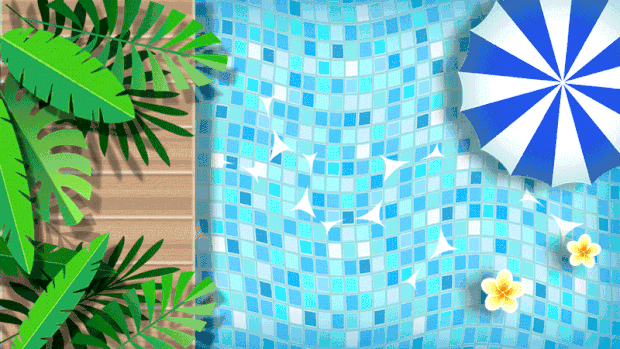 夏天绿叶泳池水面清爽蓝色遮阳伞植物视频背景gif图素材