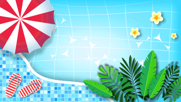 夏天绿叶泳池遮阳伞水面清爽蓝色视频背景gif图素材