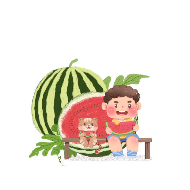 夏天小男孩猫咪坐板凳吃西瓜绿色红色gif图素材