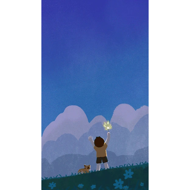 风景夜晚短袖小男孩放烟花草坪天空唯美治愈浪漫版视频背景海报gif图素材