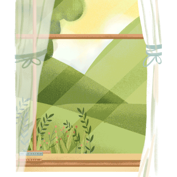 窗外田野绿地风景窗户窗帘飘动摇晃gif图素材