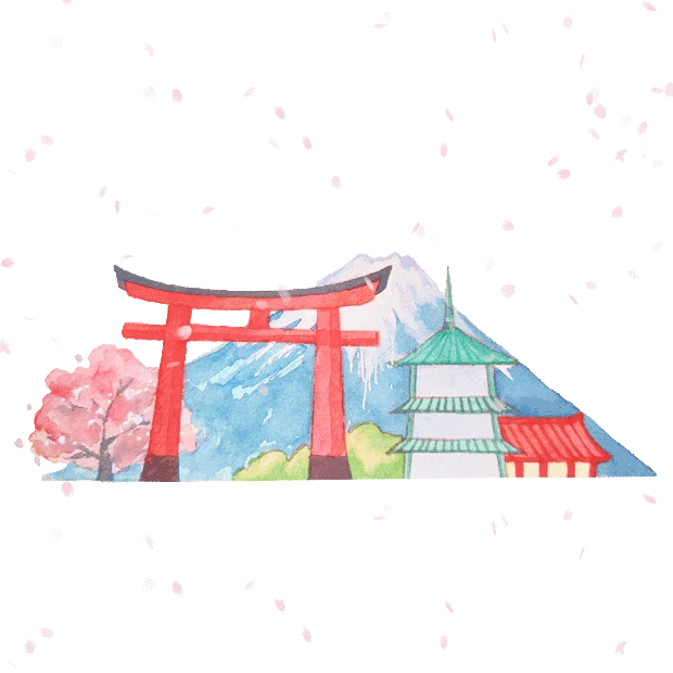 日本城市地标建筑富士山鸟居樱花飘落gif图素材