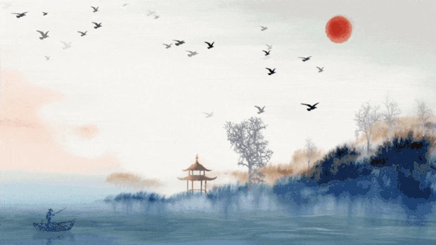 中国风浪漫湖景山水飞鸟视频背景gif图素材