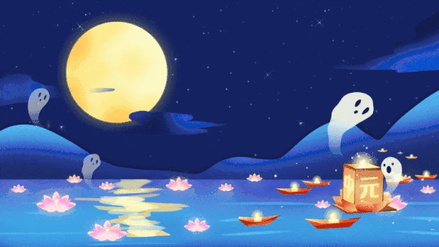 中元节夜晚河边水灯河灯悼念祈福幽灵鬼节蓝色视频背景gif图素材