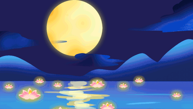 中元节湖面荷花灯夜晚月亮蓝色视频背景gif图素材