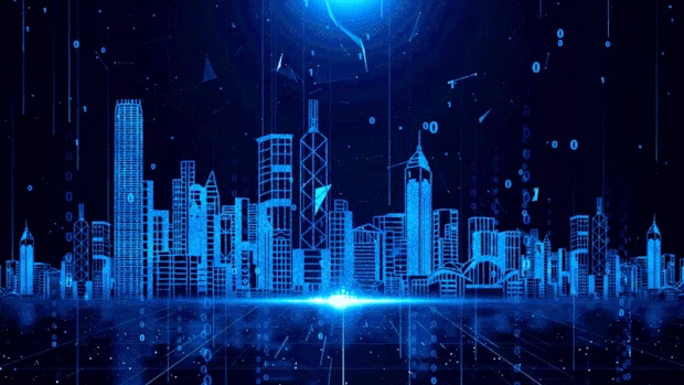 科技城市下降粒子光线蓝色视频背景gif图素材